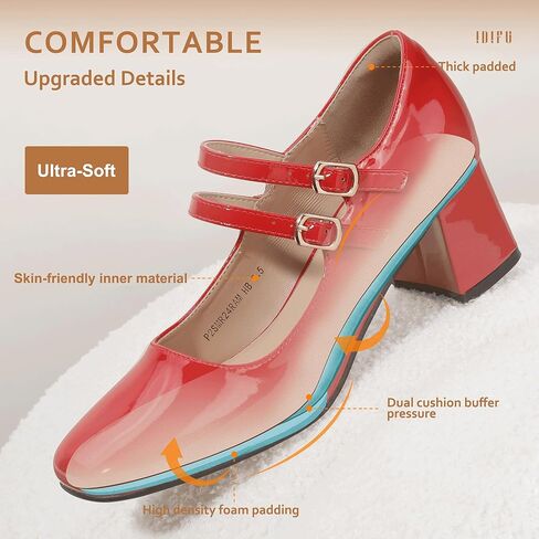 IDIFU IN2 Mary Jane Shoes Women Dress Shoes Women's Pumps Chunky Low Block Heels Square Closed Toe Strappy Wedding Business Bride Comfortable Short Graduation Two Strap Cute Vintage Heels Pumps Shoes in Kuwait