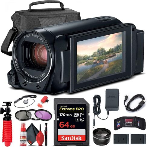 Canon VIXIA HF R800 Camcorder (Black) (1960C002) + 64GB Memory Card + BP727 Battery + Case + Filter Kit + Card Reader + Telephoto Lens + Flex Tripod + Cap Keeper + Memory Wallet + More (Renewed) in Saudi Arabia