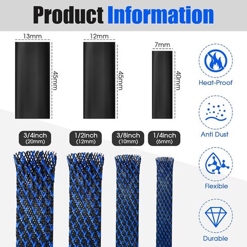 Tatuo 65.6ft Braided Cable Sleeve Expandable Wire Sheathing(Black) | with 120 Heat Shrink Tubing 1/4 in 2/5 in 1/2 in 3/4 in Wire Sleeve Cord Management for Television Audio Computer Video Pets in Kuwait