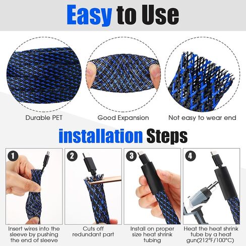 Tatuo 65.6ft Braided Cable Sleeve Expandable Wire Sheathing(Black) | with 120 Heat Shrink Tubing 1/4 in 2/5 in 1/2 in 3/4 in Wire Sleeve Cord Management for Television Audio Computer Video Pets in Kuwait