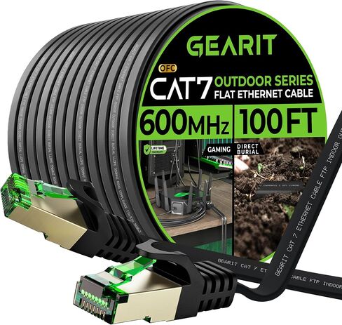 GearIT Cat 7 Outdoor Flat Ethernet Cable (100ft, Black) Direct Burial Rated LLDPE Jacket - Indoor Cat7 Shielded FTP 600MHz 10Gbps High Speed Gaming Computer Network RJ45 Snagless Patch Cord Internet in Saudi Arabia