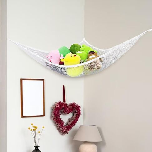 Toy Hammock, Stuffed Animal Net Hammock for Plushie Toys, Large Storage Mesh Pet, Corner Mesh Toy Storage Hanging Organizer for, Easy to Hang w/Included Anchors & Hook(White) in Saudi Arabia