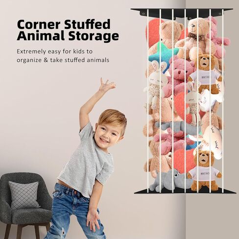 Toy Storage Organizer Corner Stuffed Animal Plush Toy Storage Kids Room Holder with Length Adjustable Large Toys Wall Hanging Shelf for Nursery Playroom Bedroom Sturdy Metal Black in Saudi Arabia