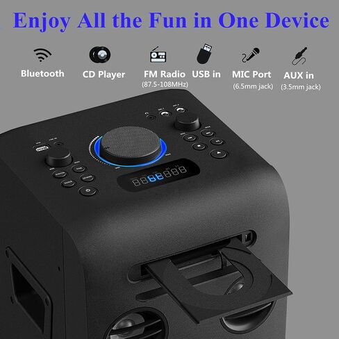 100W Home Stereo System with CD Player, FM Radio, Bluetooth, AUX in/USB in, Karaoke Function, Earphone Jack, LED Lights, Remote Control Included in Saudi Arabia