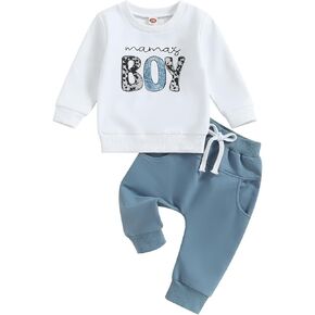 YINGISFITM ملابس الخريف للأطفال الصغار من YINGISFITM Mama Boy Letter Crewneck سويت شيرت بأكمام طويلة وسروال علوي ومجموعة ملابس شتوية (أبيض، 0-6 أشهر)