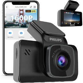 PHILIPS Dash Cam with Front & Rear Car Camera, Wide Angle, 3" Screen Dashcam for Cars, Built-in WiFi, G-Sensor, Night Vision, Safety Alert, Loop Recording, Voice Control (Front 1600P Rear 1080P)