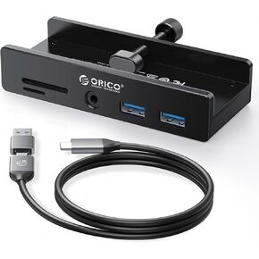 ORICO USB Hub 3.0, Clamp USB Hub with Extra Power Port, Aluminum USB C Adapter with 2 USB-A Data Ports,3.5mm AUX, SD/TF Card Reader for Desktop(Black)