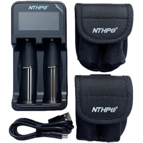 One Speedy Intelligent Charger with Two Battery Storage Bags, LCD Display Charger for Rechargeable Li-ion 18650 18490 18350 16340(RCR123) 14500 10440,Ni-MH A AA AAA Batteries(2 Slots)
