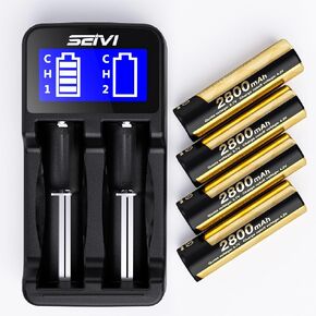 4pack 2800mAh 3.7v 18650 Rechargeable Battery Flat top with Charger, 2 Bay Universal 18650 Battery Charger for Flashlight, Small Fan, Outdoor Garden Lights