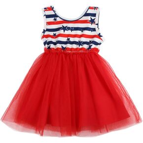 Toddler Kids Baby Girls Sleeveless American Flag Stars and Stripes Tulle Tutu Skirt Dress 4th of July Outfit
