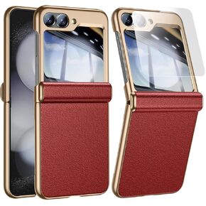 for Samsung Galaxy Z Flip 6 Leather Case: Magnetic Hinge Protection, Camera & Front Screen Protector, Premium Leather Glitter Slim Phone Case for Z Flip 6 Cover (Black)