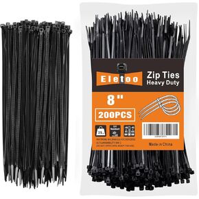 8 Inch Black Zip Ties (200 Pack), 35 LBS Tensile Strength, Self-Locking Nylon PA66 UV Resistant Cable Ties for Indoor and Outdoor Use