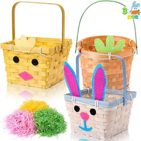 JOYIN 3 Pcs Easter Bamboo Baskets, Bunny Chick Carrot Baskets with Folding Handle & 150g Easter Raffia Paper Grass, Pink, Yellow & Green Empty Gift Basket for Baby Girls Boys First Easter