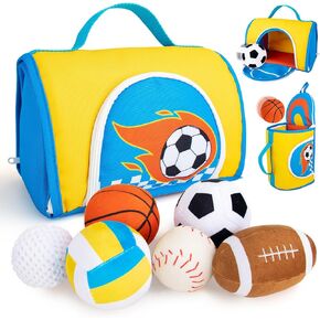 teytoy My First Sports Bag for Baby,Stuffed Plush Playset with Soft Basketball,Baseball,Football,Soccer,Golf Ball,Rugby,Volleyball Baby Birthday Gift Toys for 1 Year Old Boys Girls