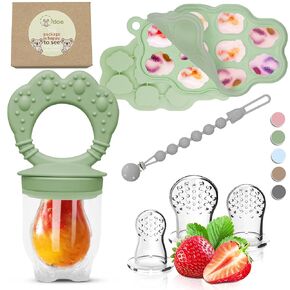 O’doe Silicone Baby Popsicle Molds & Baby Fruit Feeder with 1 Clip, 1 Pack Freezer Tray with Lid, 1 Breastmilk Popsicle Molds for Teething Relief, BPA Free, includes 3 Extra Teething Pacifiers & Toys