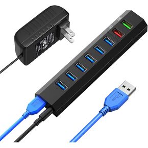 Powered USB 3.0 Hub, RAOYI 6 Ports High Speed USB 3.0 Hub Splitter with 24W Power Adapter, 3.3ft Cable and Smart Fast Charger USB Hub for Laptop, PC, Mac, Mobile HDD, Mulitple Devices (Black)