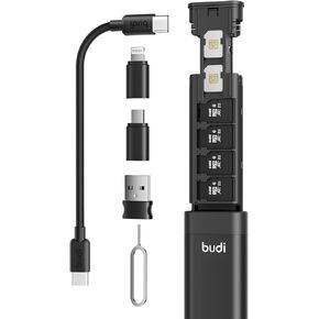 BUDI Multifunctional Compact Cable Card, Travel Portable Aluminum Storage Case with Micro USB A Type C Light USB Adapter Kit, PD65W Charging Cable Set, Sim Card Tray Eject Tool and Slot Case-Black