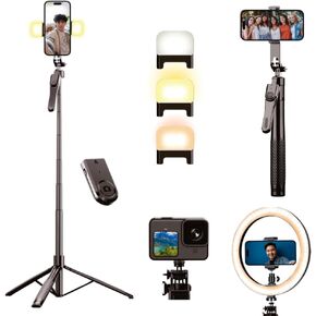 – 84" Cell Phone Tripod & Selfie Stick, 2.15m Extendable Tripod with Dual Lights & Remote for iPhone & Android, Extra-Long Selfie Stick Tripod