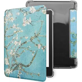 WALNEW Case for Kindle Paperwhite 11th Generation 2021 and Signature Edition,PU Leather Cover for 6.8" Kindle & Flexible Soft Clear Back Cover with Auto Sleep/Wake Feature (White Flowers)