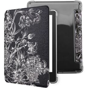 حافظة WALNEW لجهاز Kindle Paperwhite الجيل الحادي عشر 2021 والإصدار المميز، غطاء جلد PU لجهاز Kindle بحجم 6.8 بوصة وغطاء خلفي شفاف ناعم ومرن مع ميزة النوم/الاستيقاظ التلقائي (زهور بيضاء)
