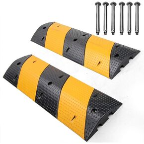 40" Rubber Speed Bumps 2 Pack 2 Channel Heavy Duty Cable Protector Ramps with 6 Bolts 22000Lbs Load Capacity Wire Cord Ramp for Asphalt Concrete Gravel Driveway (40" Long, 2 Pack Speed Bump)