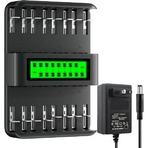 AA AAA C D Battery Charger 16 Bay with AA Battery 4 Pack,AAA Battery 4 Pack,C Battery 2 Pack and D Battery 2 Pack,Suitable for All 1.2v Ni-MH Household Batteries