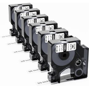 Rhino 4200 5200 Heat Shrink Label 1/4 3/8 1/2 Inch Replacement for Dymo 18051 18053 18055 Heat Shrink Tube Tape Compatible with Dymo Rhino 5000, 6000, 6500 Label Maker Refills Black on White, 6 Pack