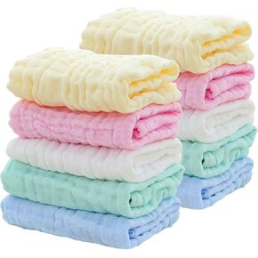 10 Pack Soft Muslin Unisex Baby Washcloths for Daily Use, 100% Cotton Set for Delicate Skin. Soft and Super Absorbent, Newborn Baby Essentials and Baby Registry,12x12 Inches (Yellow)