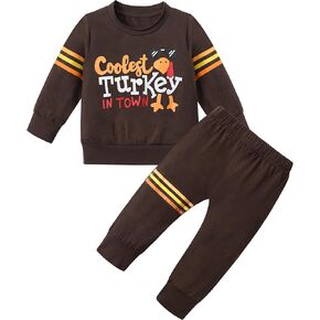 WIQI Toddler Baby Boy Thanksgiving Outfit Turkey Letter Print Long Sleeve Striped Tops + Long Pants Thanksgiving Outfit Set