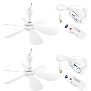 2 Pack USB Powered Ceiling Canopy Fan with Remote Control Timing 4 Speed, 6 blade Quiet Small DC USB Ceiling Fan Hanging Fan for Camping Bed Dormitory RV Tent Home Room