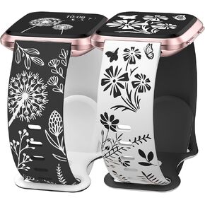 Wearlizer 2 Packs Floral Engraved Band Compatible with Fitbit Versa 2 Bands for Women, Two-Tone Flower Soft Silicone Cute Sport Strap for Versa/Versa 2/Versa Lite/Versa SE Smart Watch