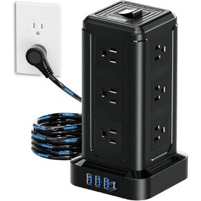 NVEESHOX Surge Protector Power Strip Tower, 10 FT Flat Plug Extension Cord with 12 AC Outlets 4 USB Ports(20W PD Type C), Charging Station with Surge Protection for Family, Office, Dorm