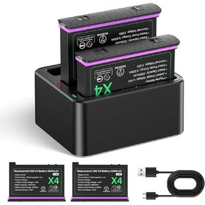 2 Pack 2500mAh Batteries and Fast Charge Hub Compatible with Insta360 X4, Cold Weather Resistance, 3 Slot Charger Insta360 X4 Accessories (2 Batteries +1 Charger)