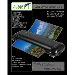 Apache Laminating Pouches 3 mil, for 8.5 x 11 inch Letter Size Paper 9 x 11.5 inch Sheets, 25 Pack
