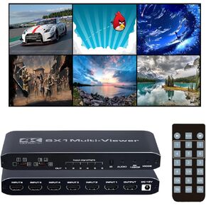 HDMI Multiviewer Switch 6x1, Quad Seamless Switcher 6 in 1 Out with IR Remote Control, Support 4K Full HD and 9 Display Modes for Security Camera, Gaming Consoles