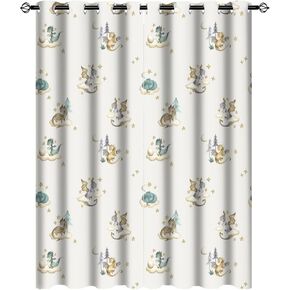 Watercolor Cute Baby Dragon Curtains - Fantasy Cartoon Mid Century Woodland Dragon Thermal Insulated Blackout Curtains - Grommet Top Window Treatment Drapes for Bedroom 63L x 27.5W,2 Panels