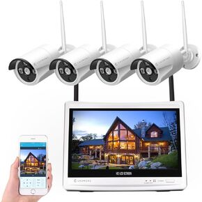 Wireless Security Camera System 12.5" Monitor,Home Business Surveillance Expandable 10CH NVR,4pcs 5MP Outdoor Indoor Night Vision 1-Way Audio Camera,Human Detection 3TB HDD