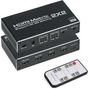 HDMI Matrix 2x2, HDMI Matrix Switch 2 in 2 Out Switcher Splitter Box with EDID Extractor and IR Remote Control, Support Ultra 4K HDR,4Kx2K@60Hz, 3D, 1080P，HDMI 2.0, HDCP 1.4