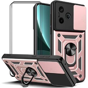Case for Redmi Note 13 Pro Plus 5G with Tempered Glass Screen Protector [2 Pack],Sliding Camera Window, Kickstand, Shock-Proof Anti-Scratch Dual-Layer Phone Cover, Black