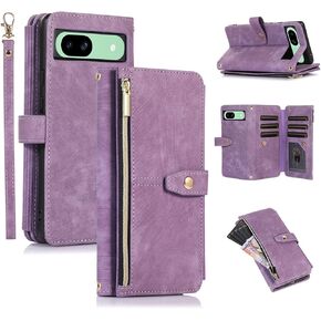 UEEBAI Wallet Case for Google Pixel 8a 5G, 9 Card Slots Retro Leather Wallet Shockproof Flip Cover with Hand Strap Card Slots Zipper Pocket Kickstand Handbag Magnetic Closure - Pink