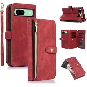 UEEBAI Wallet Case for Google Pixel 8a 5G, 9 Card Slots Retro Leather Wallet Shockproof Flip Cover with Hand Strap Card Slots Zipper Pocket Kickstand Handbag Magnetic Closure - Pink in Saudi Arabia