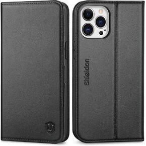 SHIELDON Case for iPhone 13 Pro Max 5G, Genuine Leather Wallet Case Magnetic Folio Shockproof Cover Kickstand RFID Credit Card Holder Compatible with iPhone 13 Pro Max 5G (6.7" 2021 Release) - Black