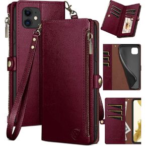 XcaseBar for iPhone 11 6.1" Wallet case with Zipper Credit Card Holder【RFID Blocking】, Flip Folio Book PU Leather Phone case Shockproof Cover Women Men for Apple 11 case Wine Red