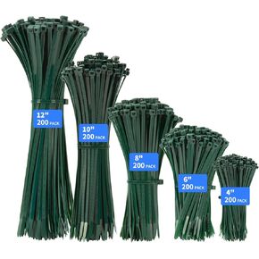 Black Cable Zip Ties Heavy Duty Assorted Sizes, 1000 PCS Self-Locking 4+6+8+10+12 Inch 18LBS/40LBS Nylon Cable Ties, Perfect for Home, Office, Garden and Workshop