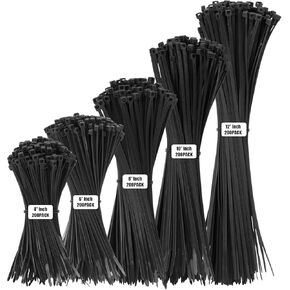 أربطة كابل سوداء بسحاب شديدة التحمل بأحجام متنوعة، 1000 قطعة ذاتية القفل 4+6+8+10+12 بوصة 18LBS/40LBS أربطة كابل من النايلون، مثالية للمنزل والمكتب والحديقة وورشة العمل in Kuwait