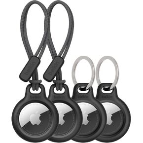 Belkin Apple AirTag Secure Holder w/Key Ring + Strap - Scratch-Resistant Case with Open Face & Raised Edges - Protective AirTag Keychain Accessory for Keys, Pets, Luggage, & More - Black (4-Pack)