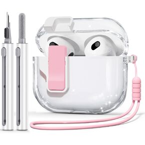【with Safety Lock】 for AirPods 3rd Generation Case Cover 2021, TPU Clear Case for AirPod Case 3rd Generation with Cleaner Kit & Portable Wrist Strap for Women Girly - Clear Pink