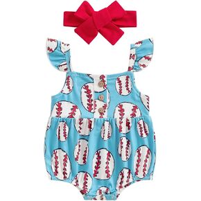 Baby Girl Baseball Outfits Fly Sleeve 4th of July Romper Bubble Bodysuit with Headband Set Infant Summer Clothes