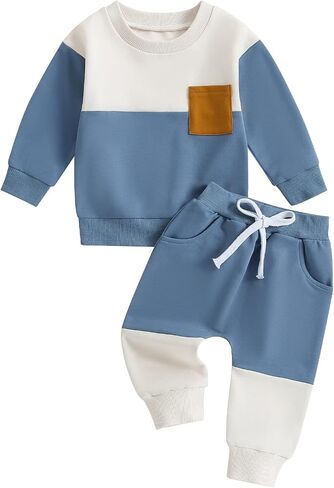 FOMOYUU Toddler Baby Boy Clothes Color Block Long Sleeve Sweatshirt Pullover Tops + Solid Pants Spring Fall Winter Outfits in Kuwait