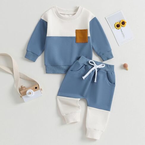 FOMOYUU Toddler Baby Boy Clothes Color Block Long Sleeve Sweatshirt Pullover Tops + Solid Pants Spring Fall Winter Outfits in Kuwait